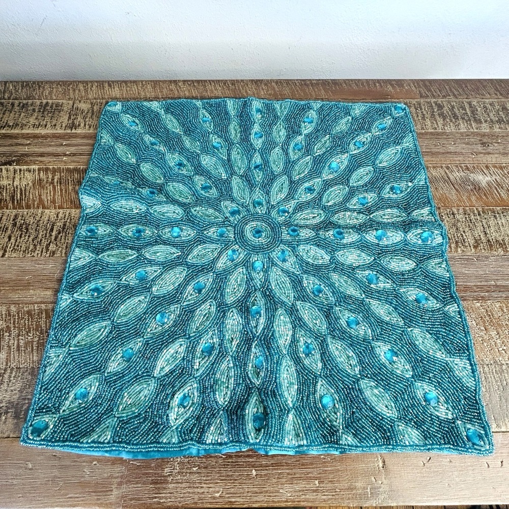 Boho Beaded Peacock Throw Accent (2) Pillow Cases 15" X 15" Iridescent Blue Chic